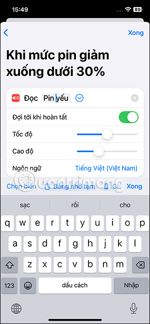 Chỉnh chế độ đọc thông báo pin yếu