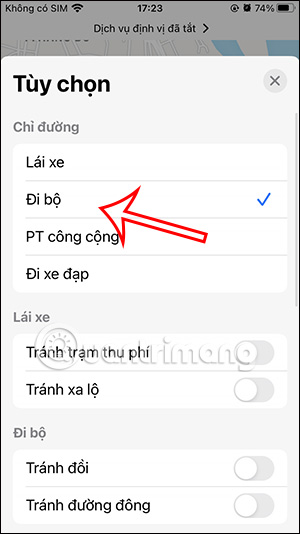 Chọn phương tiện chỉ đường Apple Maps