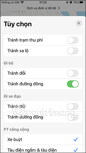 Chỉnh phương tiện đi bộ trong Apple Maps