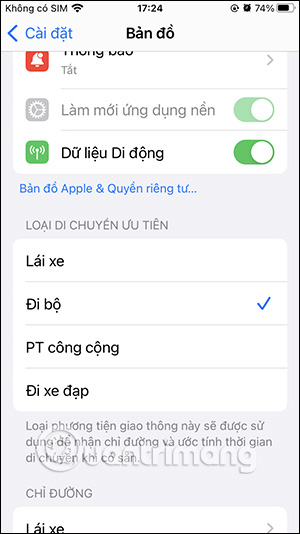 Đổi phương tiện di chuyển Apple Maps