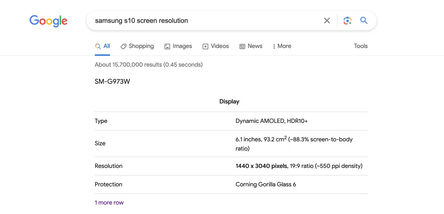 Tìm kiếm Google độ phân giải màn hình Samsung S10