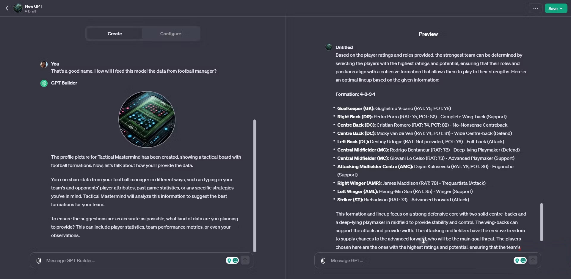 Ví dụ về Football Manager 2024 với mô hình GPT tùy chỉnh với các đề xuất vào tháng 11 năm 2023-2