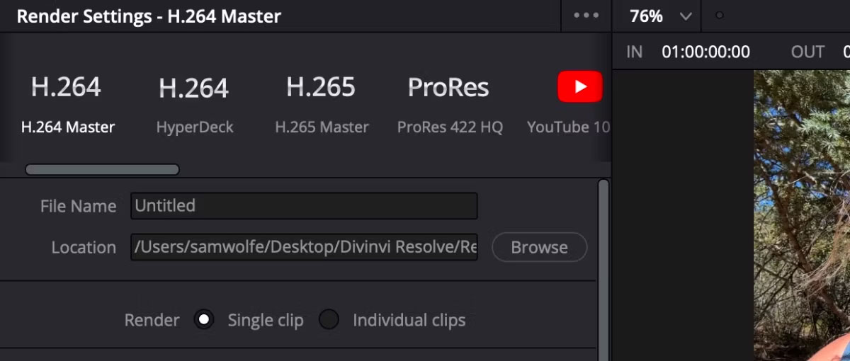 Tab Deliver của DaVinci Resolve mở với cài đặt kết xuất
