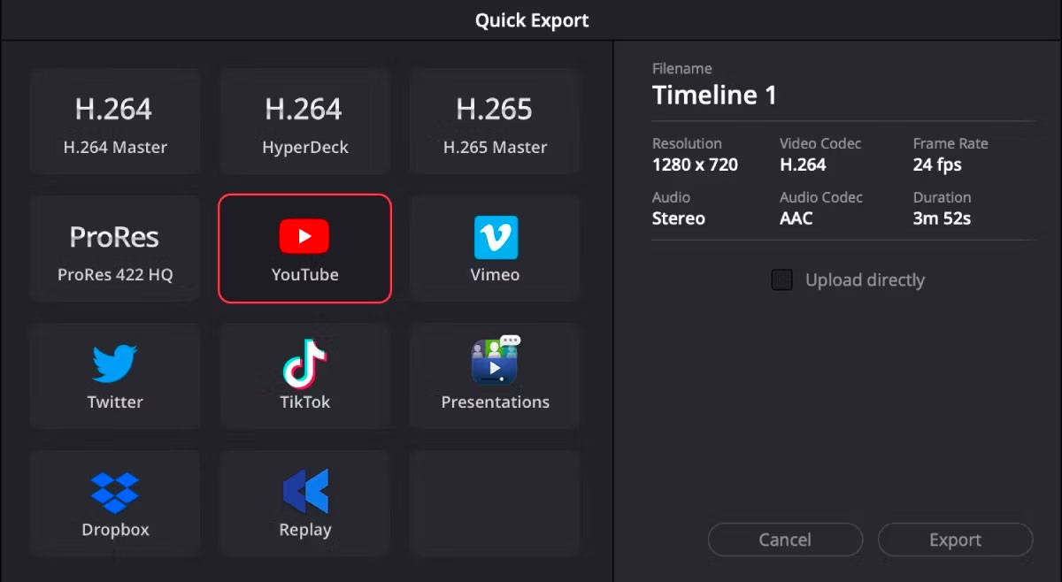 Tùy chọn Quick Export trên DaVinci Resolve