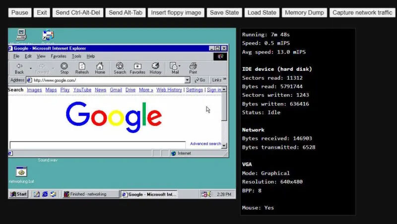 Desktop view of the Windows 98 emulator with Internet Explorer opened.