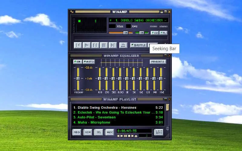 Winamp plays in the Windows XP Emulator