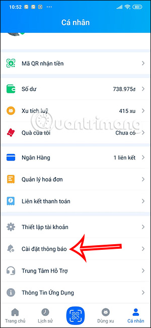 Cài đặt thông báo ZaloPay