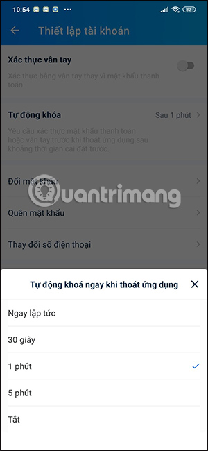 Thời gian khóa ZaloPay tự động 