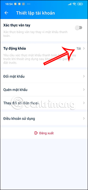 Tắt khóa ZaloPay tự động 