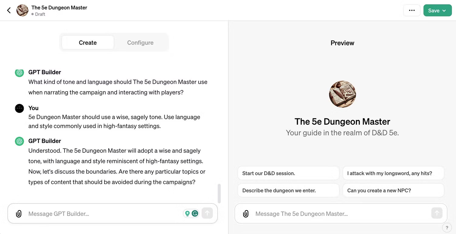GPT Builder thiết lập ngữ điệu và ngôn ngữ cho The 5e Dungeon Master GPT