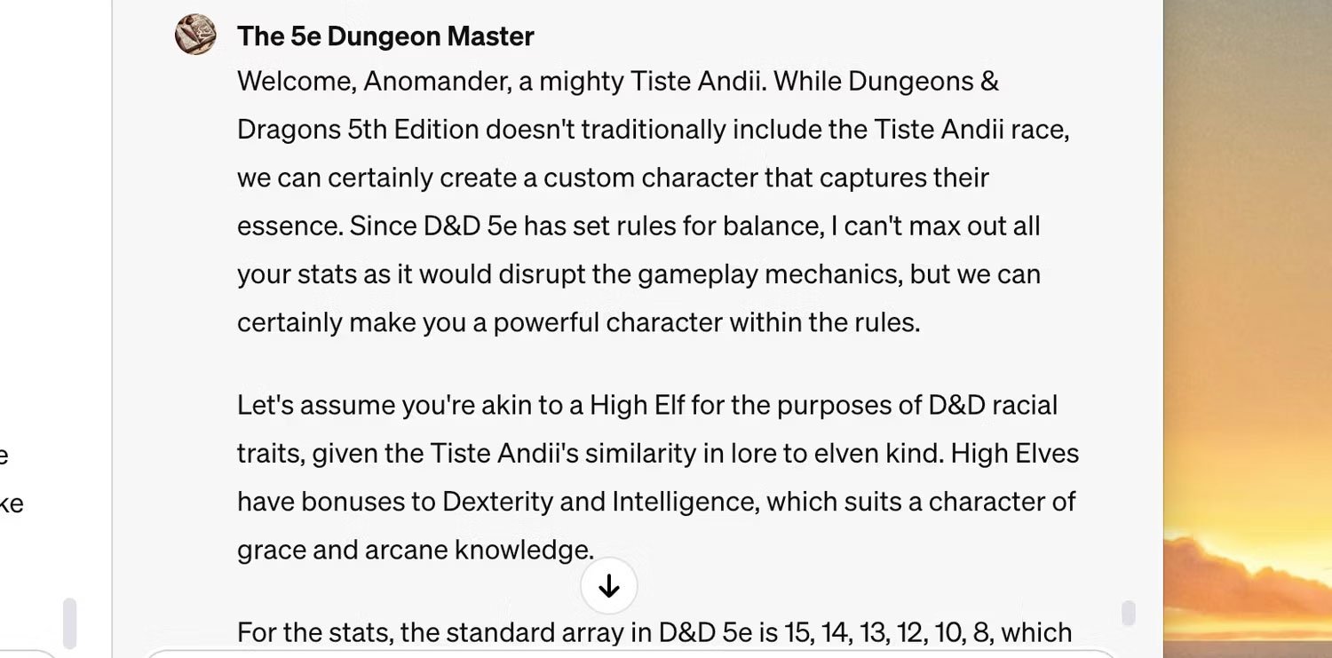 GPT Dungeon Master cung cấp thông tin về cách xây dựng nhân vật