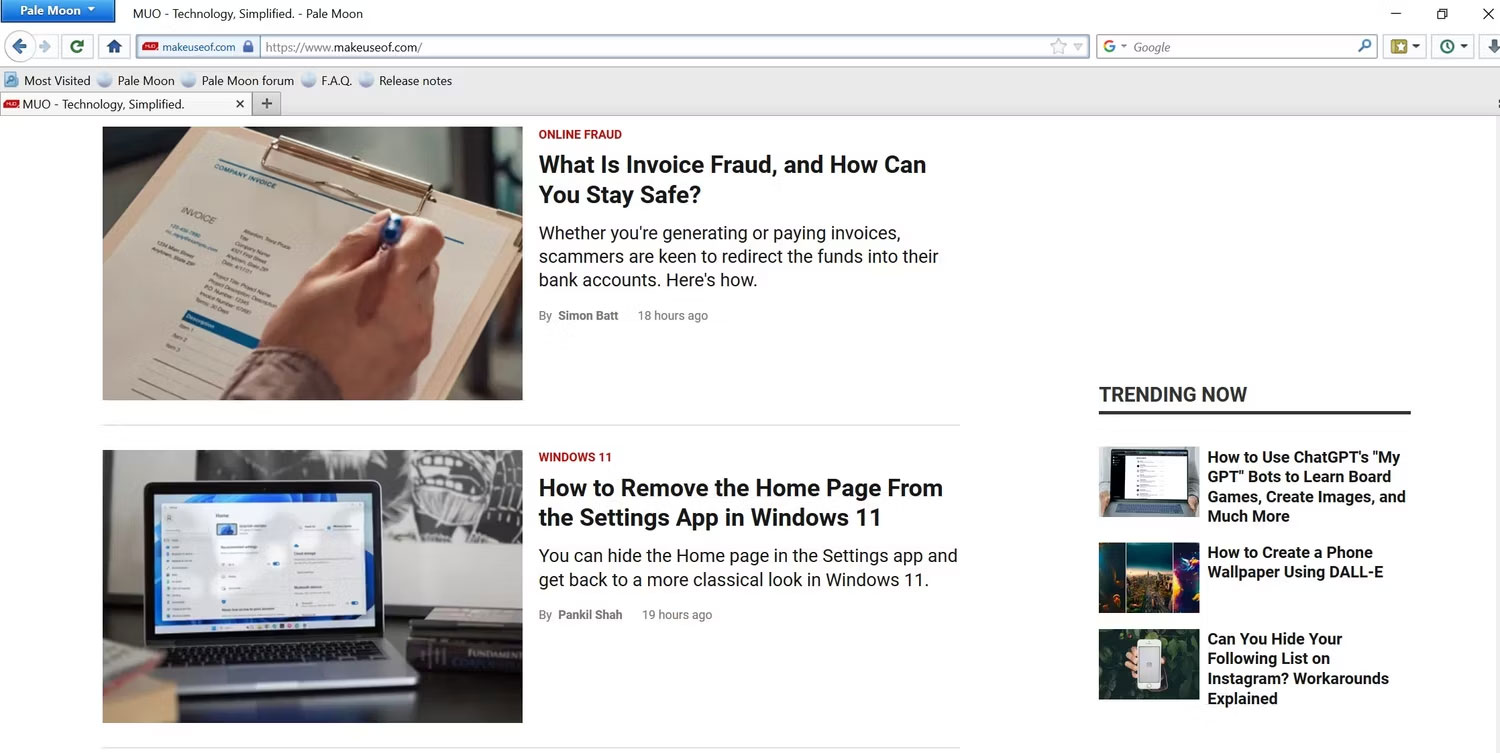 Một trang web mở trong trình duyệt Pale Moon.