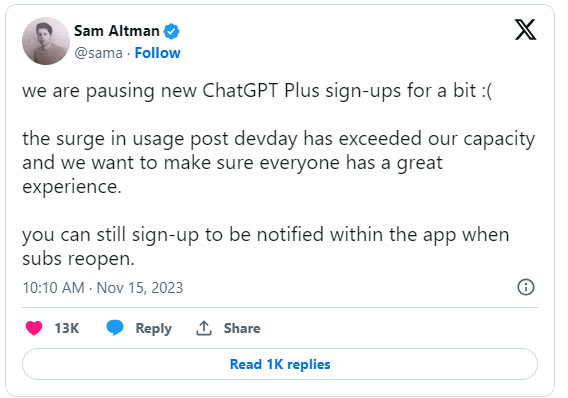 Giám đốc điều hành OpenAI Sam Altman chính thức tiết lộ việc đăng ký ChatGPT đã kết thúc