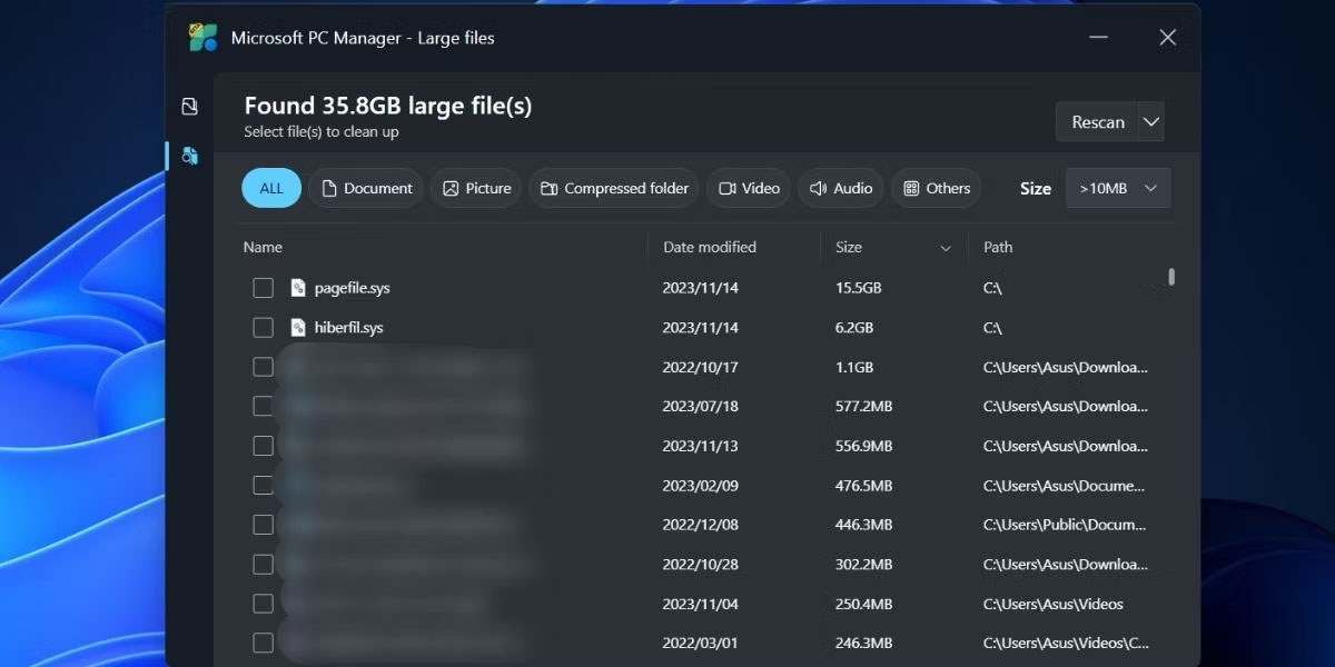 Công cụ nhận dạng file lớn trong Microsoft PC Manager
