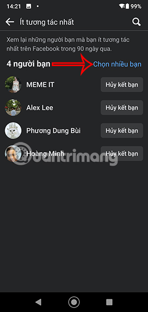 Chọn nhiều bạn bè không tương tác trên Facebook