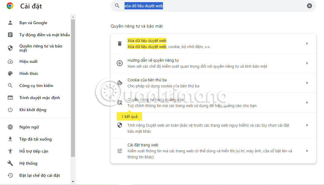 Chọn Xóa dữ liệu duyệt web