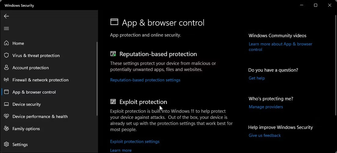 Windows Security kiểm soát ứng dụng và trình duyệt