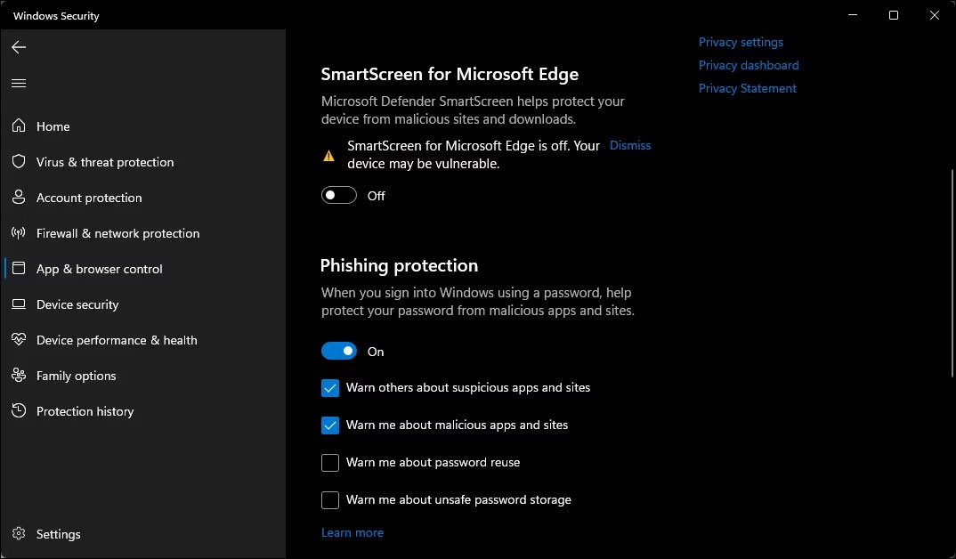 SmartScreen bị vô hiệu hóa Microsoft Edge Windows Security