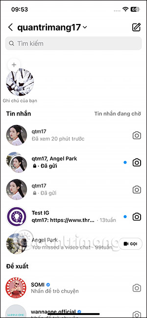 Giao diện nhắn tin trên Instagram