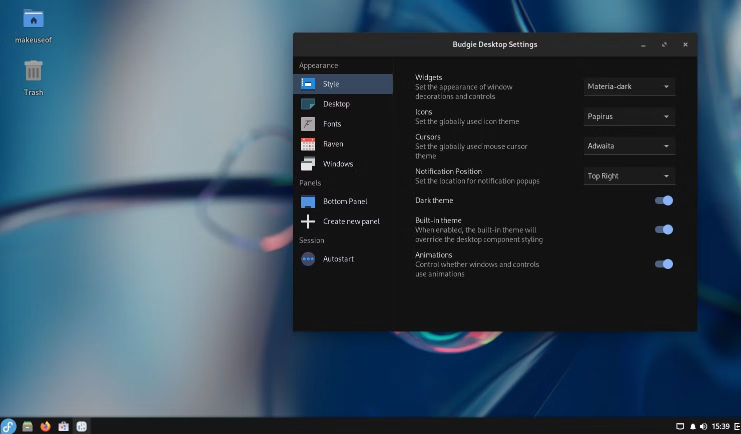 Cài đặt Budgie mở trên desktop Fedora Onyx.