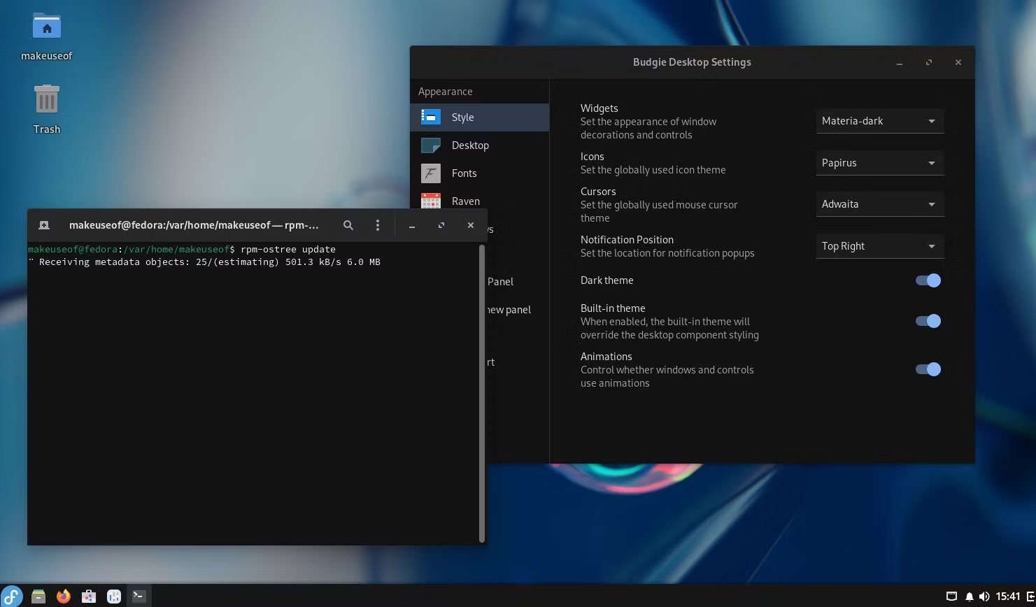 Terminal chạy lệnh 'RPM Ostree' trên Fedora Onyx.