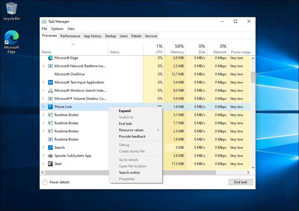 Kết thúc tiến trình Phone Link trong Task Manager Windows 10
