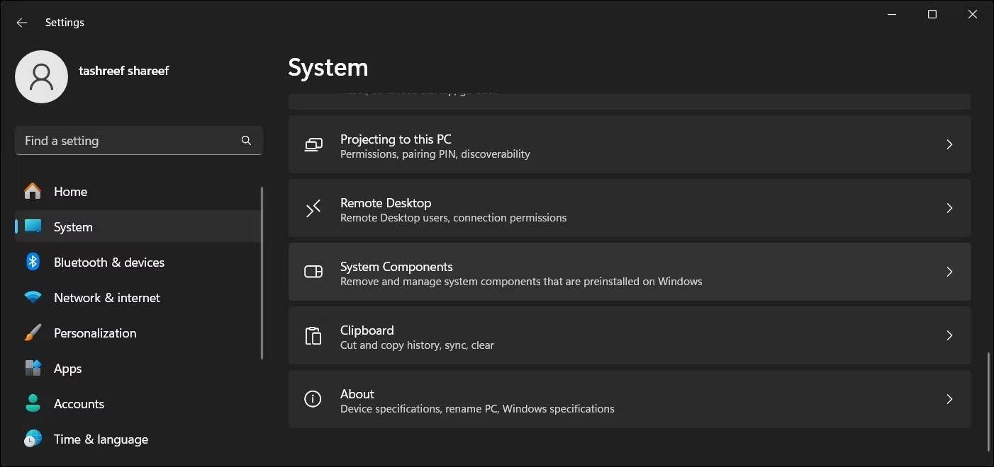 Nhấp vào System Components