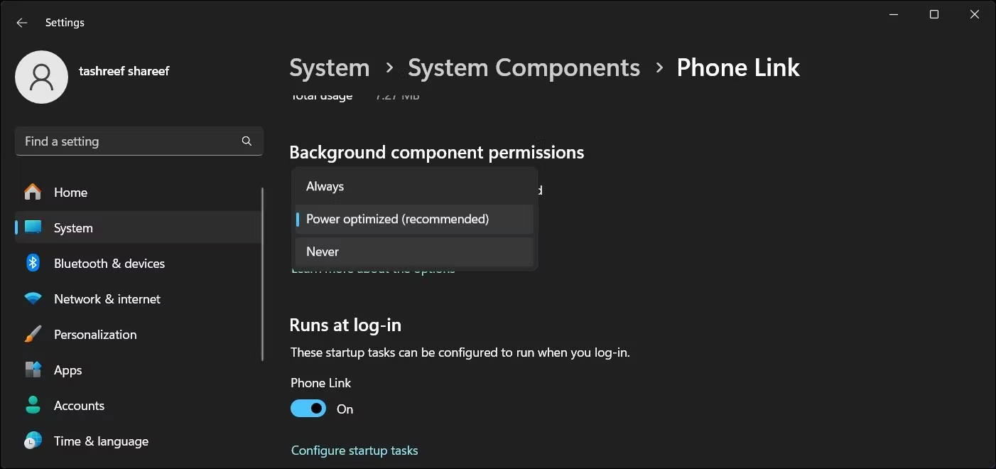 Background component permissions được đặt thành Never trong cài đặt Windows 11