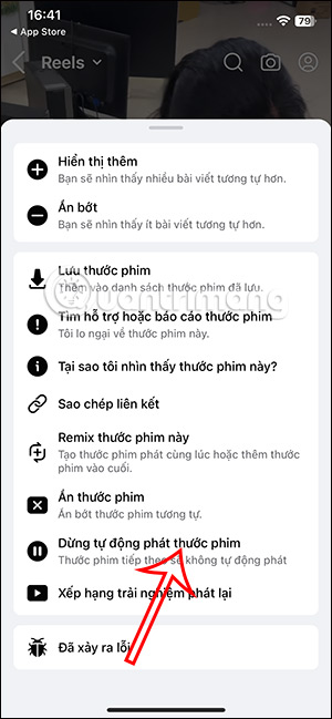 Dừng chuyển video Facebook Reels tự động