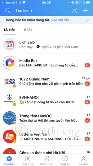 Giao diện nhắn tin Zalo