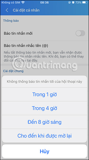 Chọn thời gian tắt thông báo nhóm chat Zalo