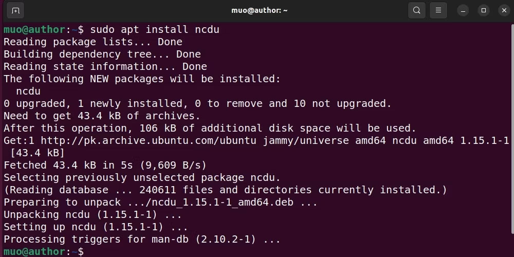 Cài đặt ncdu trên Ubuntu
