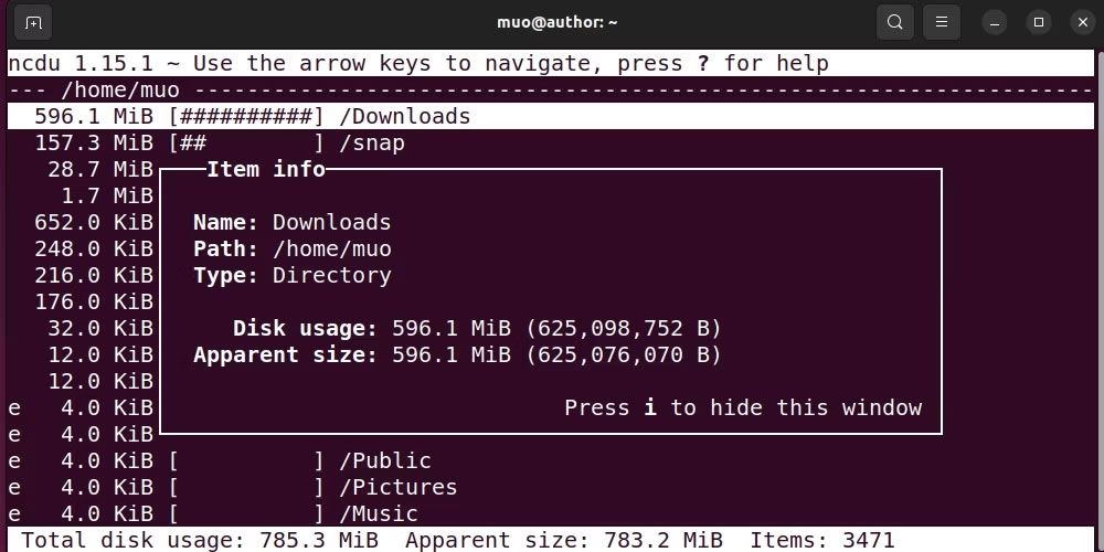 Hiển thị chi tiết thư mục con với ncdu trên Ubuntu