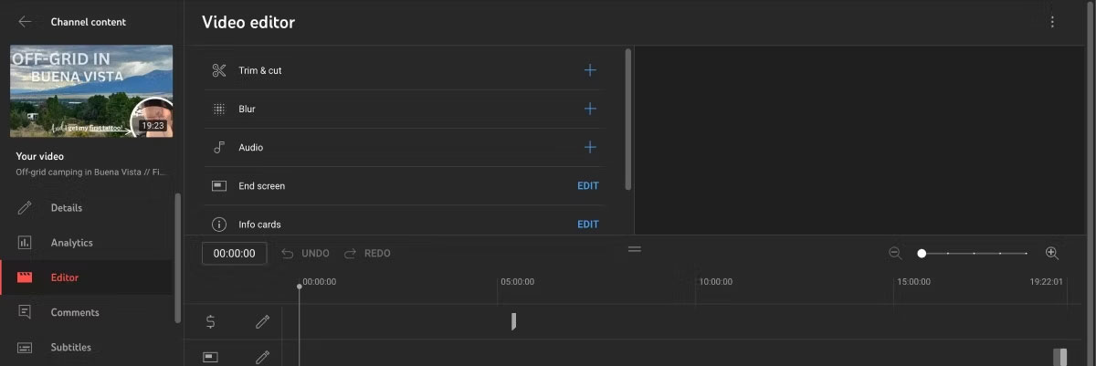 Trình chỉnh sửa video của YouTube Studio đang mở