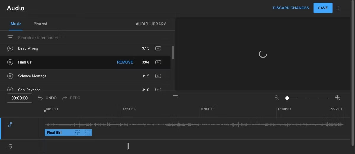 Trình chỉnh sửa video YouTube Studio mở với bài hát trên timeline