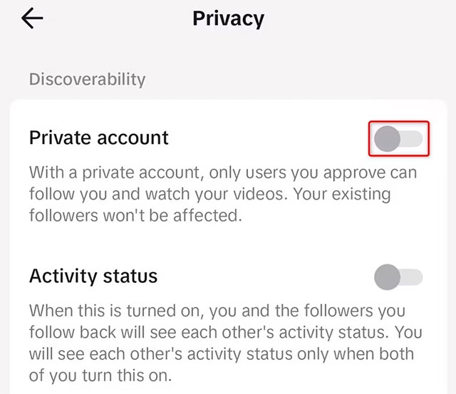 Bật tùy chọn "Tài khoản riêng tư"