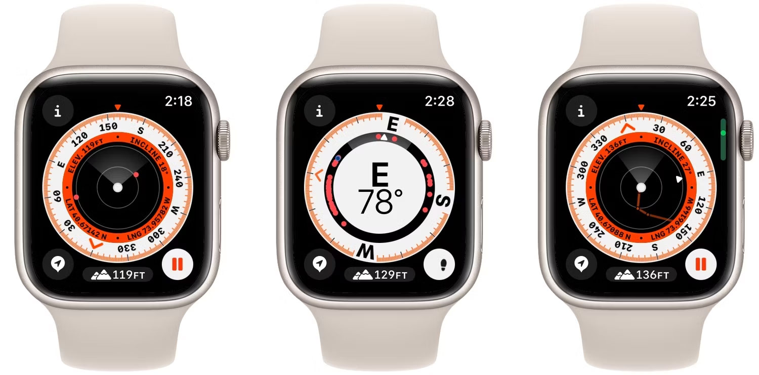 Ứng dụng Compass của Apple Watch hiển thị điểm tham chiếu và nút bắt đầu cho Backtrack