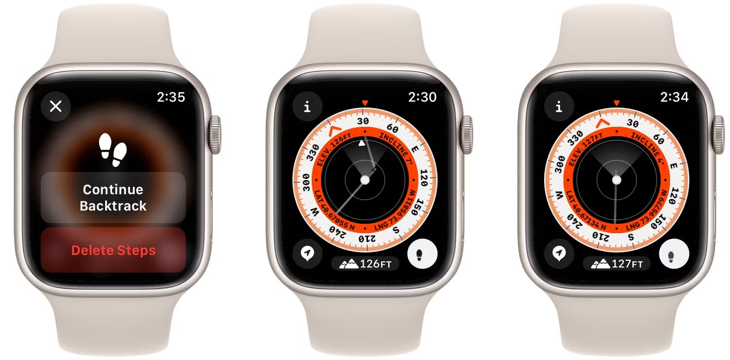 Ứng dụng Compass của Apple Watch hiển thị menu tạm dừng Backtrack, lộ trình và kết thúc