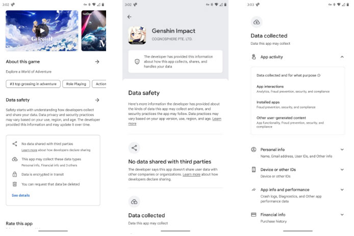Thông tin chi tiết trên trang Google Play về những gì ứng dụng thu thập.