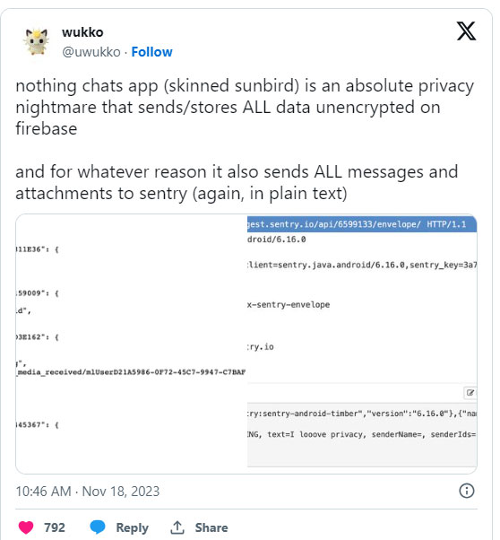Wukko cho biết thêm, tất cả dữ liệu ứng dụng không được mã hóa đầu cuối khi gửi và lưu trữ thông qua nền tảng Firebase