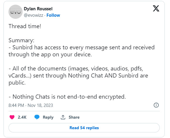 Dylan Roussel phát hiện Sunbird, công ty hợp tác với Nothing có thể truy cập vào tất cả tin nhắn được gửi và nhận thông qua ứng dụng Nothing Chats