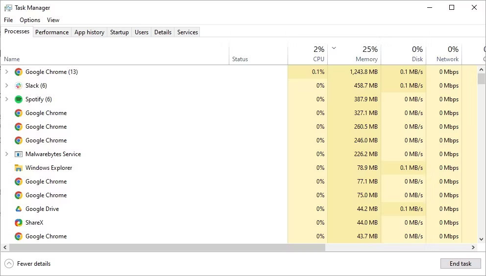 Sắp xếp tab bộ nhớ của Task Manager Windows 10