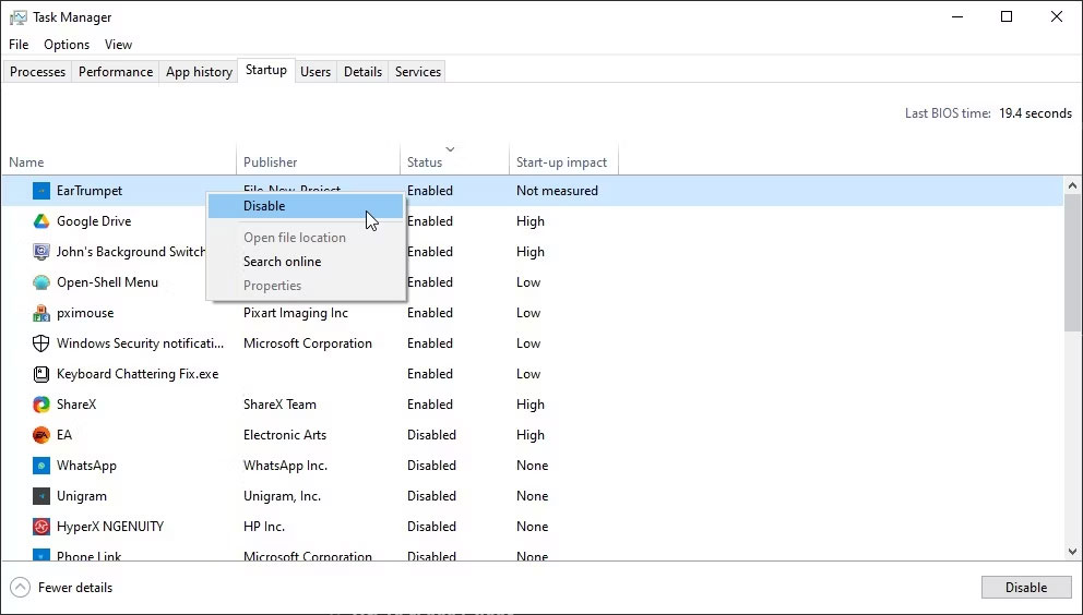 Windows Task Manager tắt ứng dụng khi khởi động