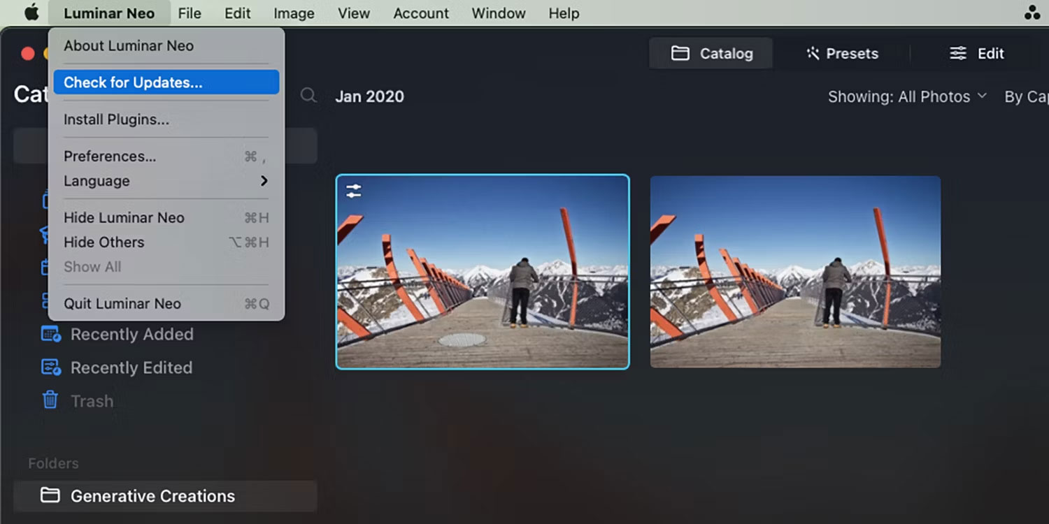 Menu Check for Updates của Luminar Neo