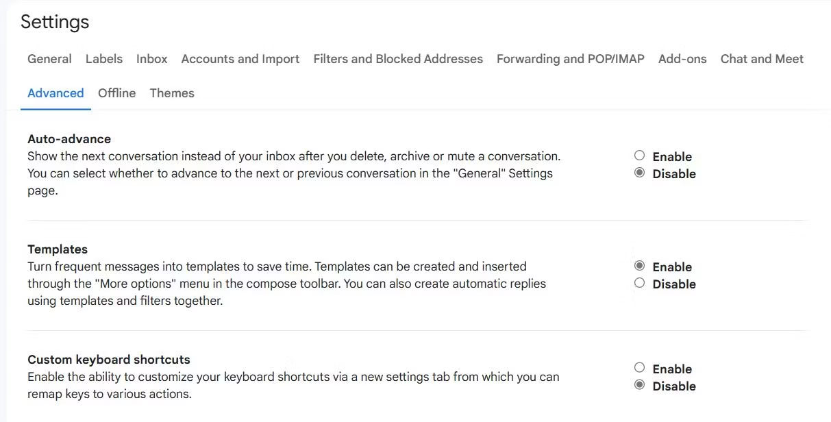 Đã bật template trong Gmail