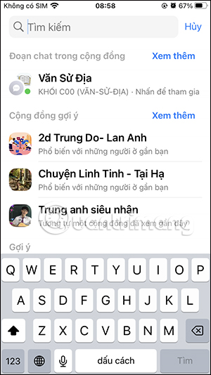 Giao diện tìm kiếm Messenger