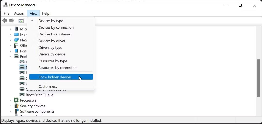Ứng dụng Device Manager có hiển thị các thiết bị ẩn được chọn trong Windows 11