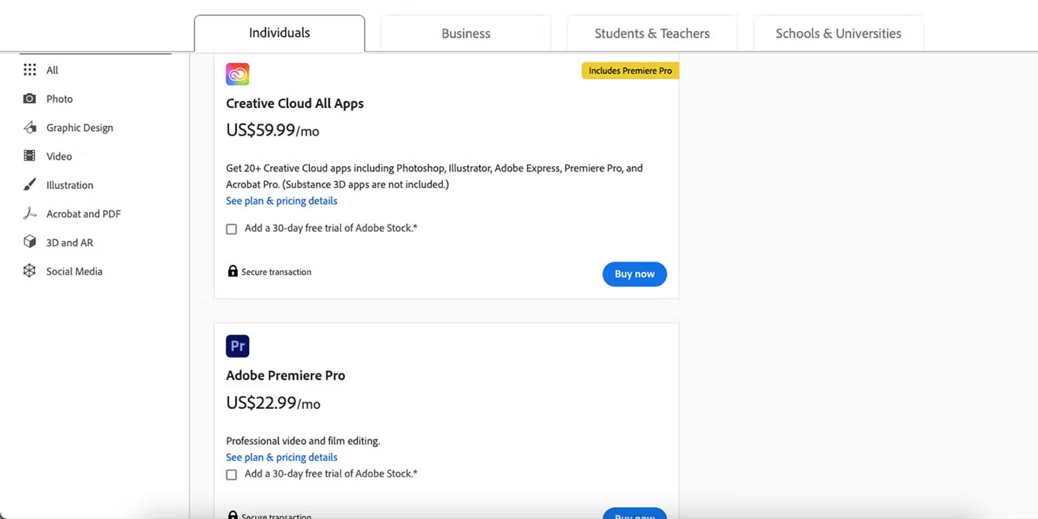 Gói giá đăng ký Adobe.