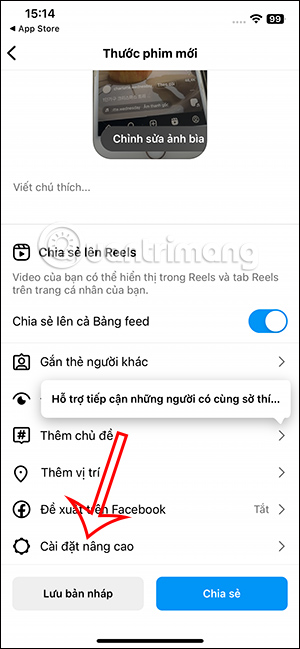 Cài đặt nâng cao đăng video Instagram Reels
