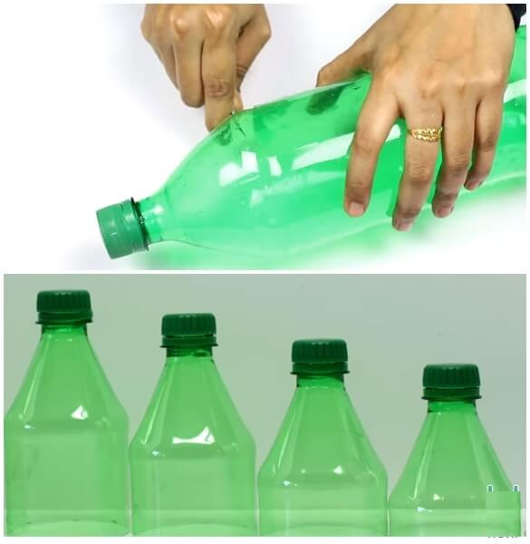 Lần lượt cắt phần đầu của chai nhựa với chiều dài giảm dần